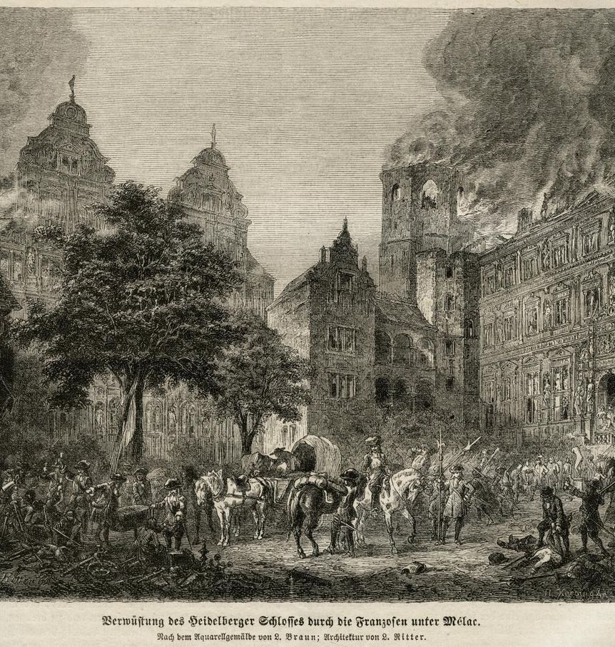 Verwüstung des Heidelberger Schlosses durch die Franzosen unter Mélac, Kupferstich nach dem Gemälde von L. Braun, Foto: Stadtarchiv Heidelberg Verwüstung des Heidelberger Schlosses durch die Franzosen unter Mélac, Kupferstich nach dem Gemälde von L. Braun, Foto: Stadtarchiv Heidelberg